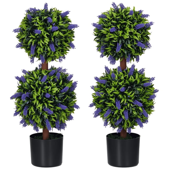HOMCOM 2.3ft Set of 2 Potted Artificial Plant Ball Tree w/ Lavender Flowers