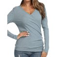 thumbnail image 3 of Women Wrap Front Side Buttons Long Sleeve V Neck Plain Shirt, 3 of 6