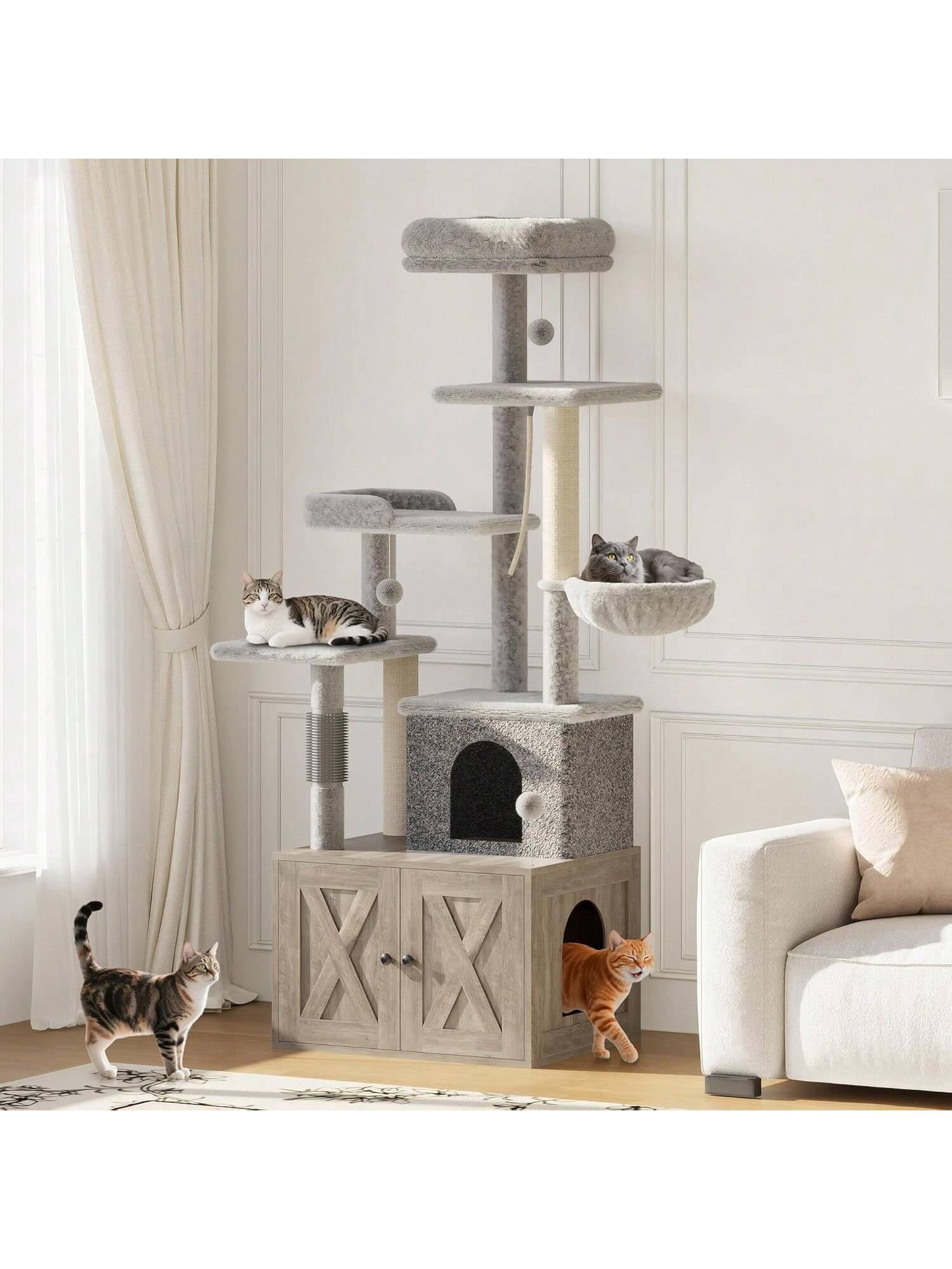 Ourlova Cat Tree With Litter Box Enclosure Hidden Cat Washroom FurnitureAll In One Indoor Kitten House W Scratching Posts Multiple Platform And Condo Modern Style Cat Tower Hammock