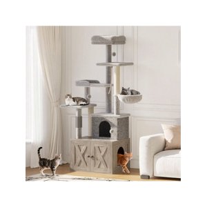 Ourlova Arbre de chat avec boîte à litière Enfermement Salle de toilettes cachée de chat FurnitureAll Dans un intérieur Kitten House W Scratching Posts Multiple Platform and Condo Modern Style Cat Tower Hammock