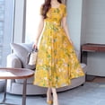 thumbnail image 4 of Liquidation! Hontri Robe Femme Mode Été Grâce Mi-Mollet Manches Courtes Plage Imprimée Robe Décontractée pour Femme Jaune G, 4 of 7