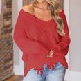 thumbnail image 2 of Dagegui Womens Off the Shoulder Sweater Solid V Neck Long Sleeve Loose Knitted Pullover Ripped Crop Top Red,S, 2 of 6