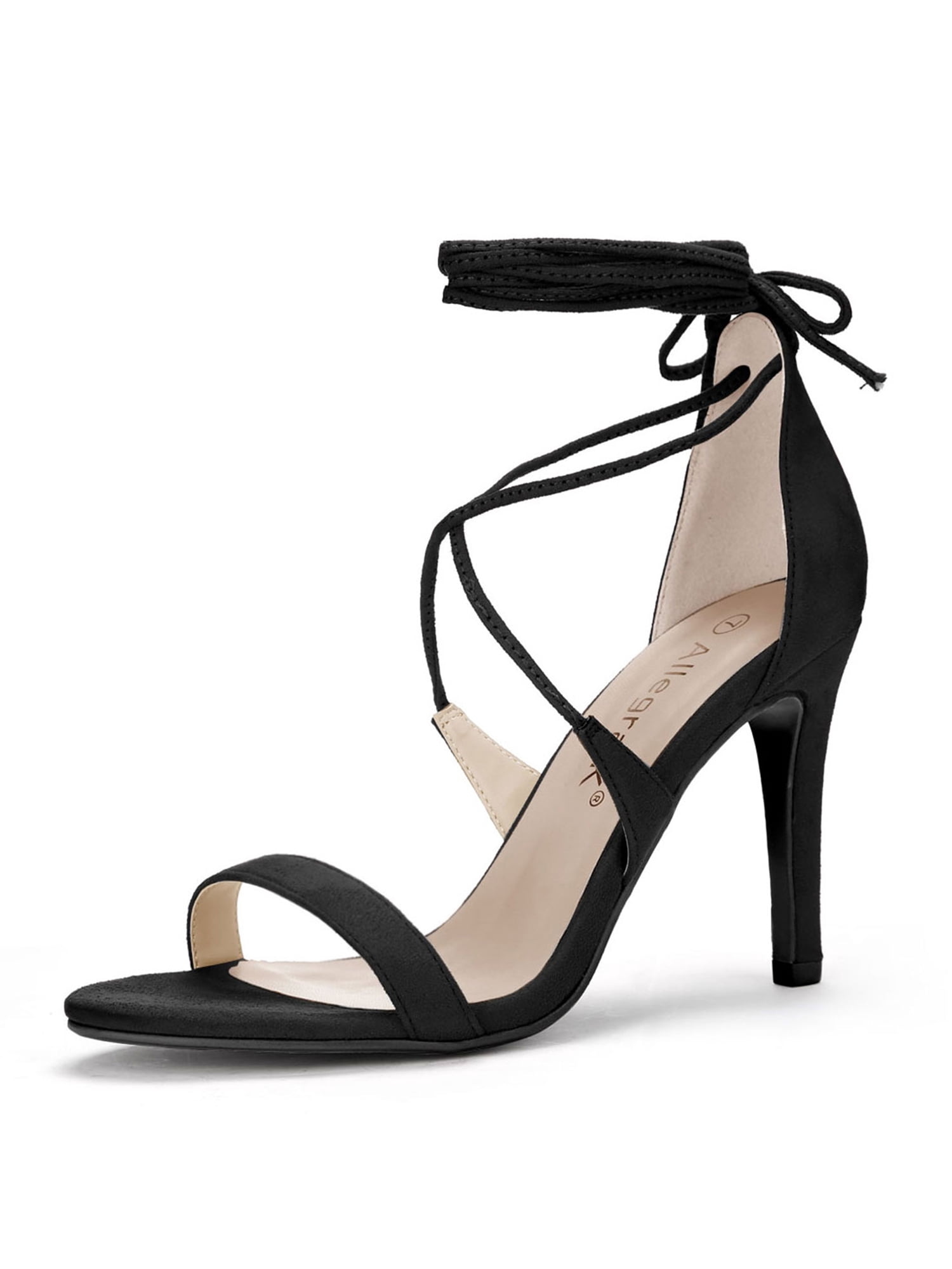 BLISSFUL STEP Chaussures pour Femmes Sandales à Talon Aiguille Haut à Bride Cheville à Nouer Bout Ouvert en Faux Suède Noir 8