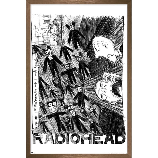 Radiohead - Affiche Murale Gribouillée, 14,725 Pouces x 22,375 Pouces art Mural Encadré Présentant une Croquis Noir et Blanc de figures Humanoïdes Abstraites avec de Grandes Bouche Souriantes et des Lunettes Entourant Deux Visages Usés à Droite. Texte Manuscrit « We are not safe managing. This is really happening. » le Nom de Groupe Radiohead Est Audacieux au Bas, Idéal pour la Déco de Chambre Ou de Bureau.