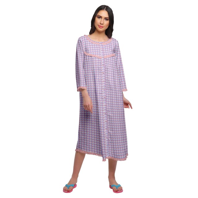 Moomaya Robe de Nuit Imprimée Longueur Genou en Coton avec Bordure en Dentelle Manches 3/4 pour Femmes