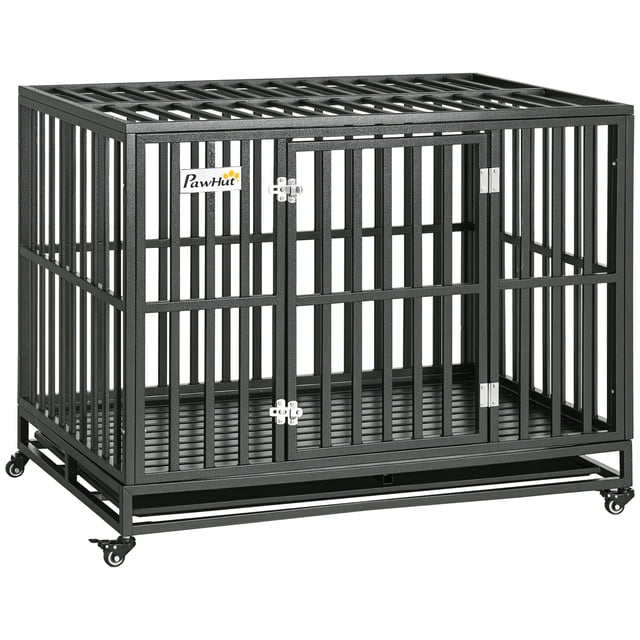 PawHut cage pour Chien en Acier Robuste de 44 Pouces en Noir, Conçue avec des tubes de Calibre en Acier Massif et un Cadre Soudé pour la Durabilité. Comprend une Porte avant avec Deux Loquets à Boulons Coulissants, un Plateau Coulissant Amovible pour un Nettoyage Facile, et Quatre Roues Pivotantes pour la Mobilité avec Mécanismes de Verrouillage. Idéale pour les Grands Chiens jusqu'à 88 Lb et Moins de 29,9 Pouces de Longueur, Offrant un Espace Sécuritaire et Confortable.
