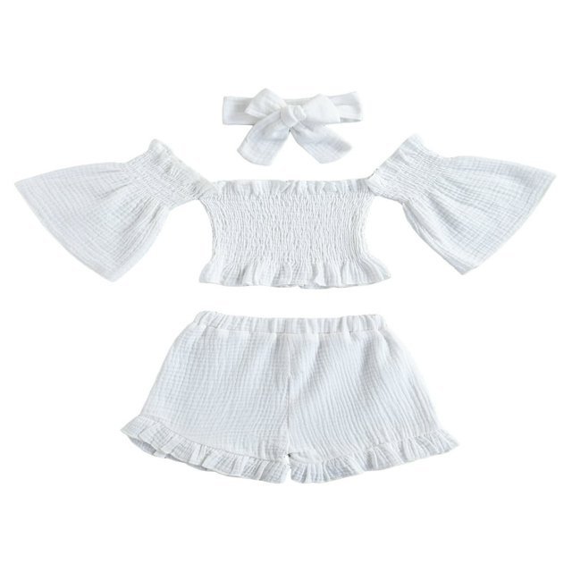 Girl Off Shoulder Flare Sleeves Tops Ruffle Shorts Bowknot Headband