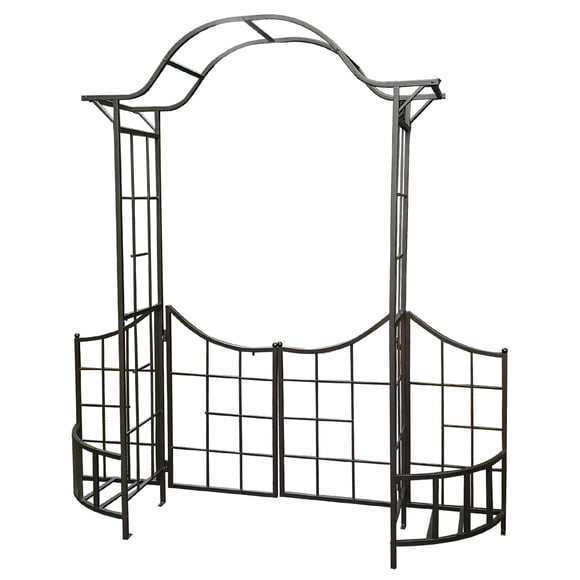 leisurelife Decorative Steel Garden Arch Arbor Trellis with Gate, Fence and Planter Holders for Climbing Plants, 7.5 Ft Height, Brownish Bronze