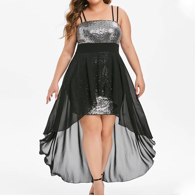 LOVZFMLL Robe de Soirée Ample à Bretelles Aguichant à Paillettes pour Femme, Grande Taille, Noire, Taille 4TG. Cette Robe Présente un Corsage Scintillant à Paillettes avec Doubles Bretelles spaghetti, un Ourlet Asymétrique et une Superposition Fluide et Transparente. Conçue pour les occasions Décontractées, de Fête Ou de Soirée, Elle Est Fabriquée en polyester Léger pour le Confort et le style. Convient aux Saisons d'Été et de Printemps.