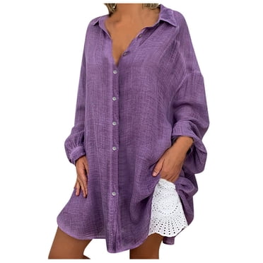 IROINID Deals Womens Long Sleeve V-Neck Shirts Tunic Tops For Loose Lounge Lapel T-shirt Ladies Buckle Blouse Tops,Blue