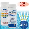 thumbnail image 1 of 100 Pcs Bandes de Test 3 en 1 pour Piscine, Spa et Bain à Remous, Bandes de Test pour le Chlore, le PH et l'Alcalinité, 1 of 11