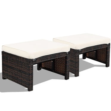 Gymax Set of 2 Rattan Ottoman Footrest Footstool Patio Furniture w/ White Cushion