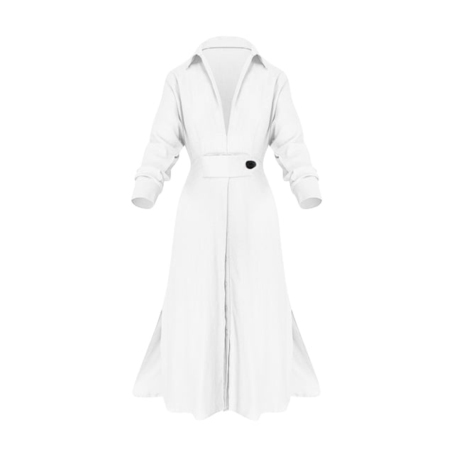 Liquidation à 50 % de Rabais! Robes d'Invitée de Mariage d'Automne, Robe Chemise Irrégulière à Taille Haute pour Femme avec Boutons, Col à Revers, Col en V, Couleur Unie, Ceinture, Manches Longues, Blanche, TG