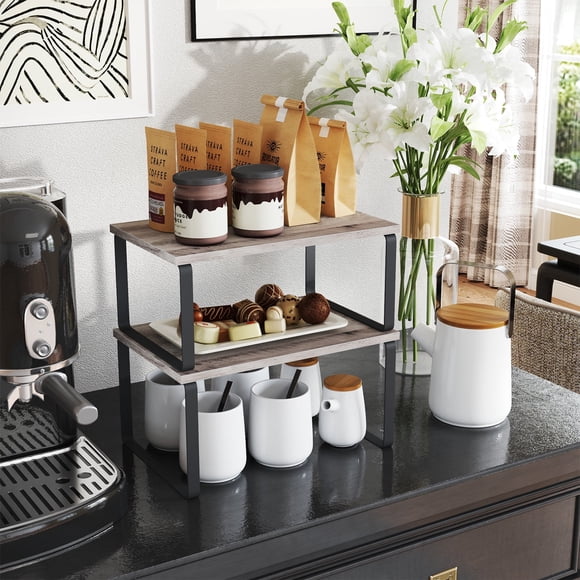LEDREM 2-Tier Stackable Shelf Organizer - Metal/Wood Kitchen Storage Rack, 33lb Capacity, Adjustable Layout, Multi-Purpose, Ink Black and Heather Greige