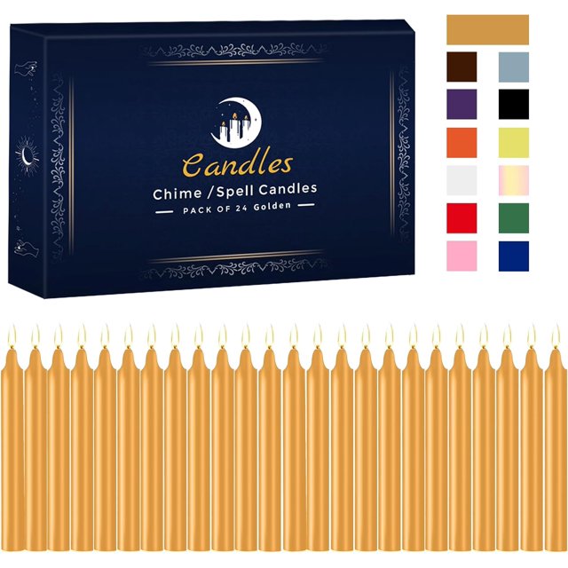 24 Pack Golden Spell Chime Candles \u2013 Premium Mini Unscented Taper Candles for Rituals, Prayer, Birthdays, Meditation, Altar, Spells, Chime Candles - 4 Inch Tall - Ideal for Witches