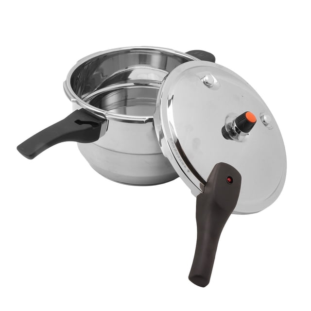 Stainless Steel Pressure Cooker, 80kpa high-pressure canner with glossy finish and steaming rack. Includes lid, pressure valve, and accessories. Suitable for induction, gas, electric, and ceramic stoves. Ideal for stewing, steaming, and boiling.
