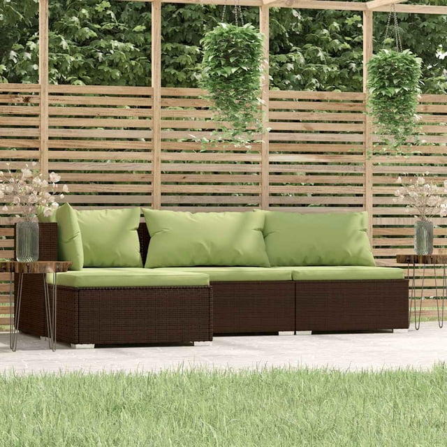 vidaXL 4 Piece Garden Lounge Set with Cushions in brown poly rattan, featuring green cushions and pillows. This modular outdoor sectional includes two middle sofas, one corner sofa, and one footrest, ideal for patios or gardens. The set is displayed outdoors on a patio with a wooden privacy screen and hanging plants in the background.