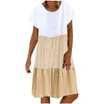 thumbnail image 3 of Fatuov Robe Midi Plissée pour Femme Grande Taille d'Été à Blocs de Couleur, Robe Chemise Bohème pour les Vacances, Manches Courtes, Col Rond, Fluide, Évasée, Robe de Plage, Tailles TTG, Kaki, 3 of 5