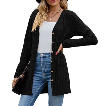 AELand Women's Long Sleeve Cardigan Sweater Lightweight Button Down Brushed Knit Tops with Pockets,S~2XL