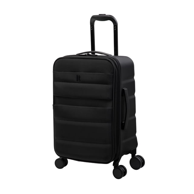 It Luggage 22" Hybrid Carry-On in black with a hard molded shell and soft front panel featuring two exterior zip pockets, an easy access laptop section, organized interior with mesh zip pockets, tie-down straps, and an 8-wheel spinner system for smooth control during travel.