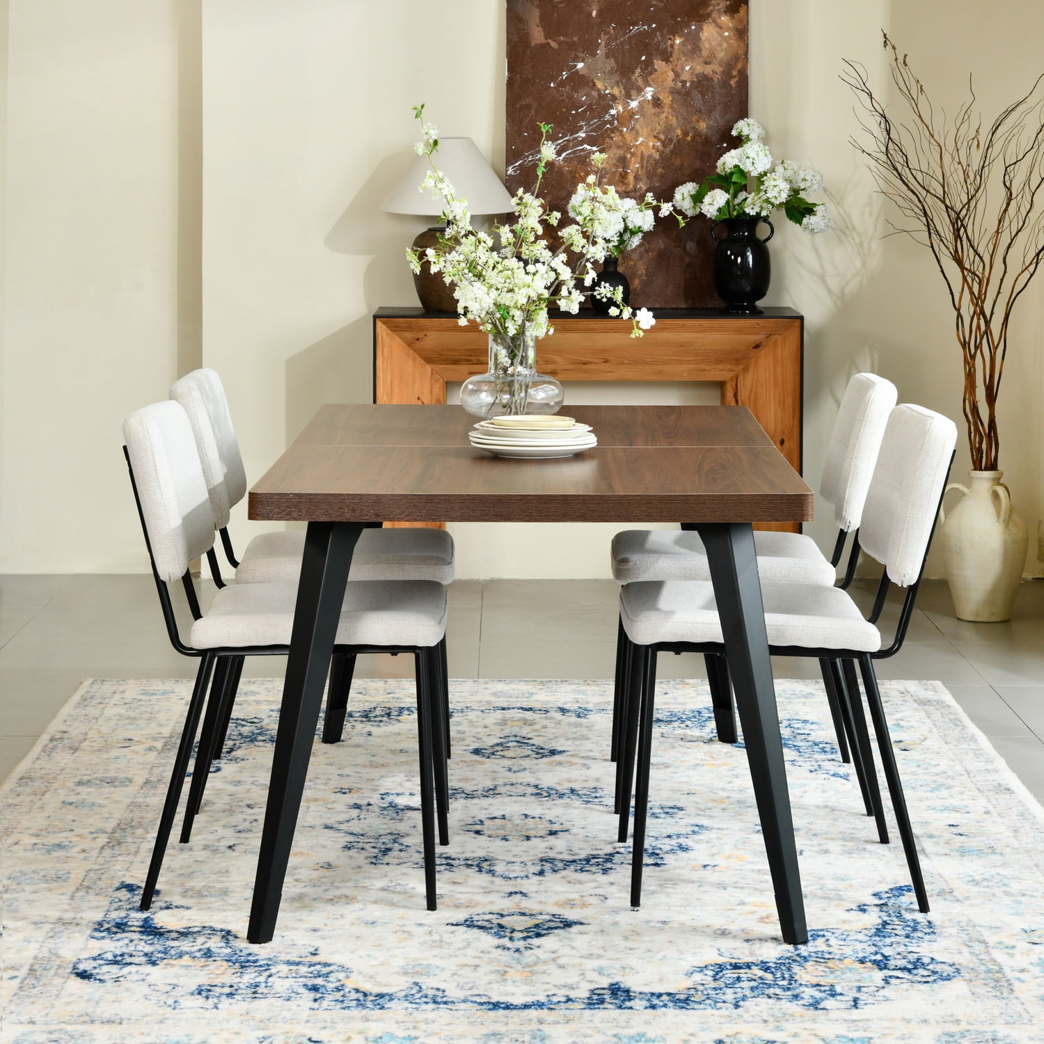 Table de salle à manger Homy Casa avec plateau de 160 cm x 80 cm d'épaisseur, pieds plats en métal, 6 couverts, pieds ajustables