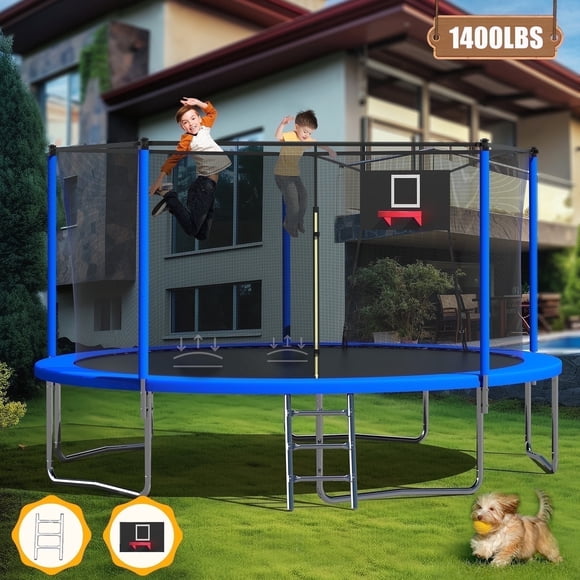 Mersco 14ft Outdoor Trampoline for Kids and Adults, Backyard Trampolines with Basketball Hoop and Enclosure Net, Loading 1400 Lbs, Blue