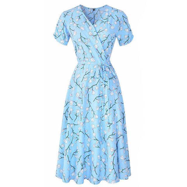 UKAP Robe Longue pour Femme à Imprimé Floral, Robes Midi à Manches Courtes, Robe d'Été de Plage, Caftan de Fête, Bleu Ciel, P