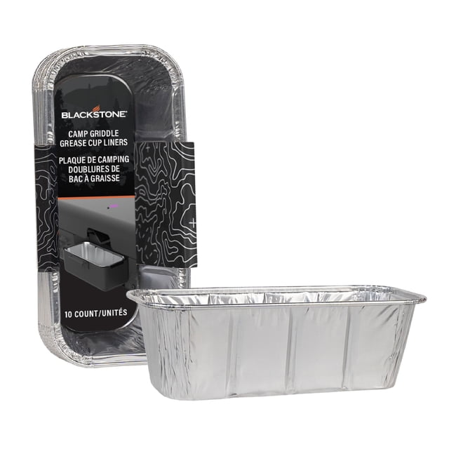 Blackstone Adventure Ready Camp Griddle Grease Cup Liners, 10 pack, disposable rectangular aluminum liners with black label showing product name and camping griddle use, designed for easy grease cup cleanup and drip tray liner replacement during outdoor BBQ cooking.