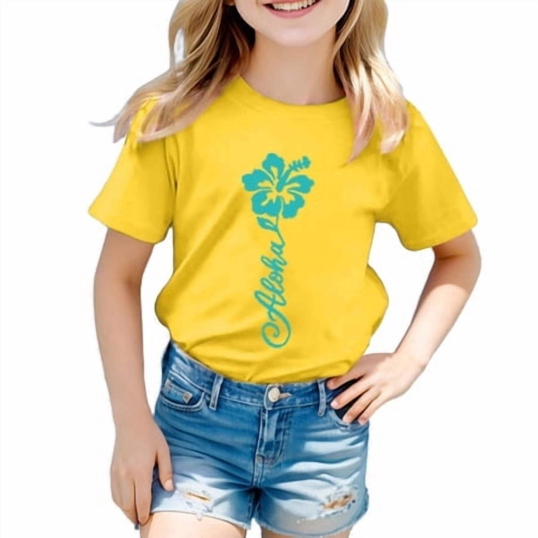 LUOGENLI T-Shirt pour Filles Garçon et Fille Mode Décontractée Imprimé Col Rond Ample Manche Courte T-Shirt Haut Chemises en Coton pour Filles Longueur Genou Jaune 3-4 Ans