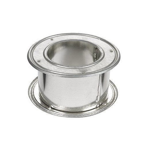 SELKIRK CORP 187704 Wall Thimble, 4-Inch. A galvanized steel wall thimble with a 4-inch diameter, suitable for ventilation systems and duct accessories. Features a durable metallic finish and circular design.