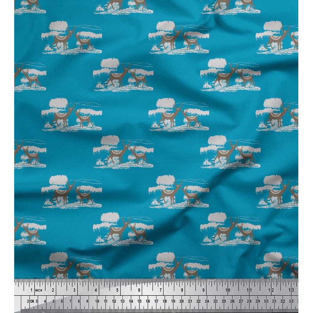 Soimoi Blue polyester Crepe Fabric Landscape & Reindeer Animal Fabric Prints By Yard 42 Inch Wide