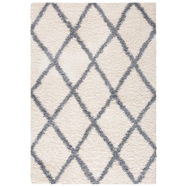 Safavieh Venus Quincy Geometric Trellis Shag Area Rug in cream with gray diamond trellis pattern, featuring a 1.77-inch medium pile for plush texture and decorative dimension, suitable for contemporary and country-chic living spaces.