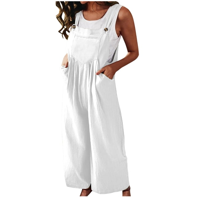Birdeem Womens Linen Cotton Solid Color Sleeveless Pocket Casual Wide Leg Side Button Jumpsuit
