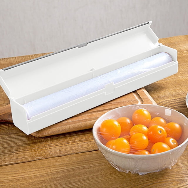 relayinert Plastic Wrap Dispenser with Slicer Food Freshness Cling Film Storage Box Kitchen Gadget, Beige