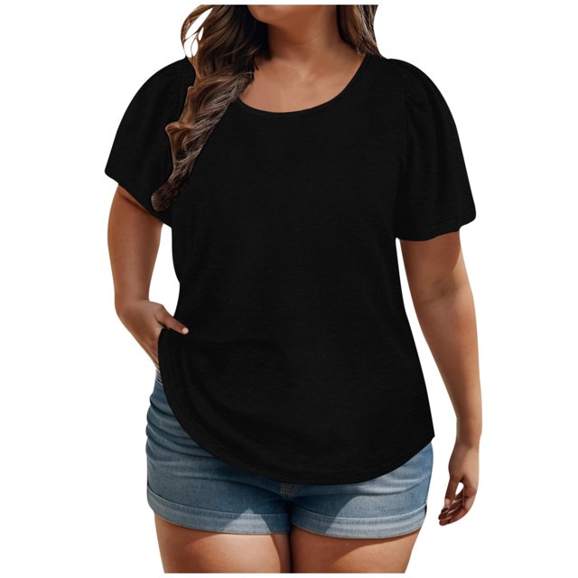 Penkiiy Haut d'Été Uni pour Femme Grande Taille Manches Courtes Bouffantes Col Rond Ample Mode Manches Courtes Col Rond Haut TG-5TG TG Noir