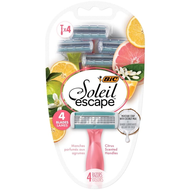 BIC Soleil Escape Women's Disposable Razors with 4 flexible blades and citrus scented pink handles, featuring a coconut milk enriched moisture strip for smooth glide, in a 4-count pack with citrus fruit graphics on packaging.