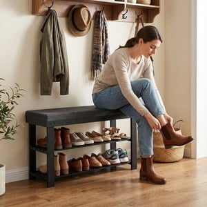 LEDREM Banc de chaussures avec coussin, 3-Tier Organisateur de raquettes de chaussures en entrée robuste, noir et gris