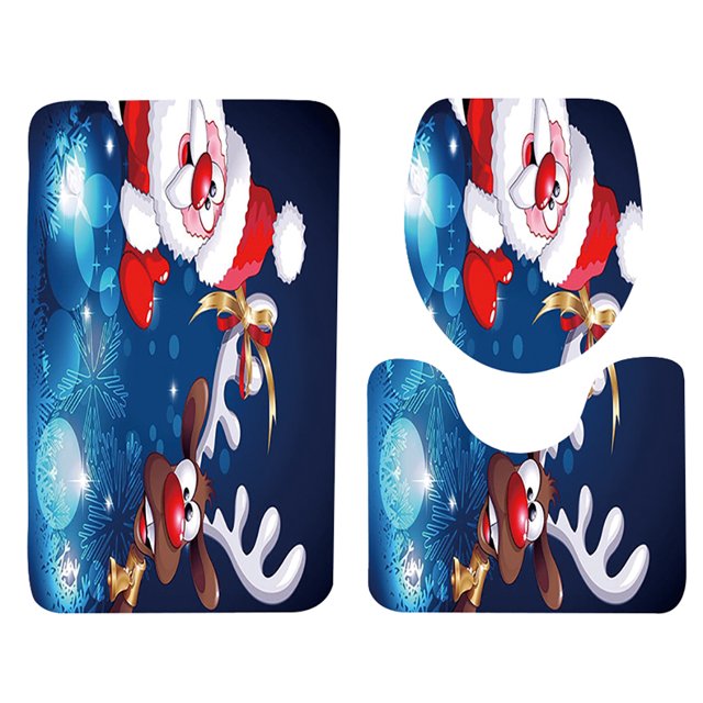 3PCS Bath Rug Set Fashionable Christmas Print Washable Toilet Rug Toilet Lid Cover for Bathroom