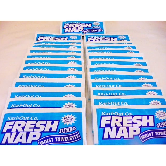 Moist Wet Wipe Wet Nap Serviette Hygiénique par Kari-Out, Comprenant des Lingettes Parfumées au Citron Extra-Grandes 8 x 10 dans un Lot de 50 Unités. l'Image Montre Plusieurs Sachets Bleus et Blancs Emballés Individuellement Arrangés en Rangées, Idéal pour les Besoins de Désinfection et de Nettoyage.