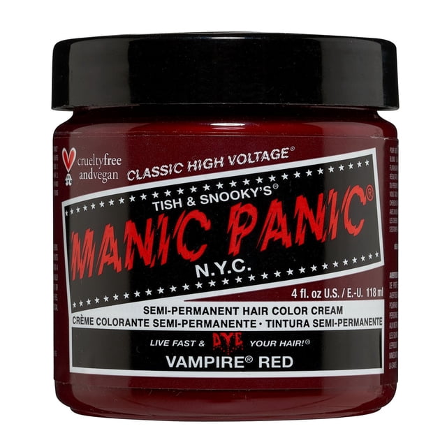 Manic Panic Vampire Red semi-permanent hair color cream in a 4 fl. oz. jar with black lid, featuring a red and black label that states cruelty-free and vegan, classic high voltage formula, and vibrant vampire red shade, suitable for semi-permanent hair dye use.