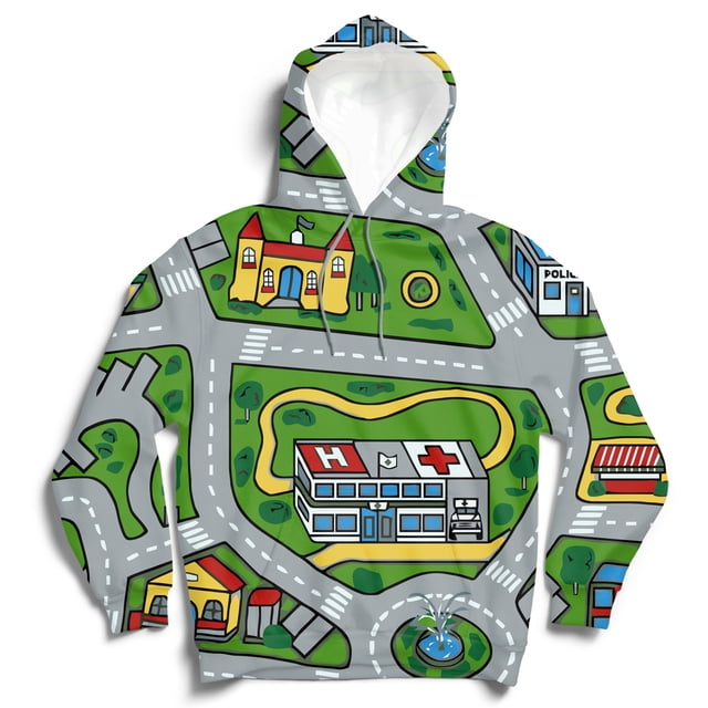 Toy Car Mat Graphic Pullover Hoodie by SoScribbly, featuring a vibrant all-over print of a toy car mat design with roads, buildings, and greenery. This unisex hoodie includes a hood with drawstring tie, brushed metal eyelets, long sleeves, and a kangaroo pocket. Made from a soft poly-blend fabric, it offers a regular fit and medium weight. The design is wrinkle-free, machine washable, and crafted with durable, fade-resistant colors. Available in sizes up to 4XL.