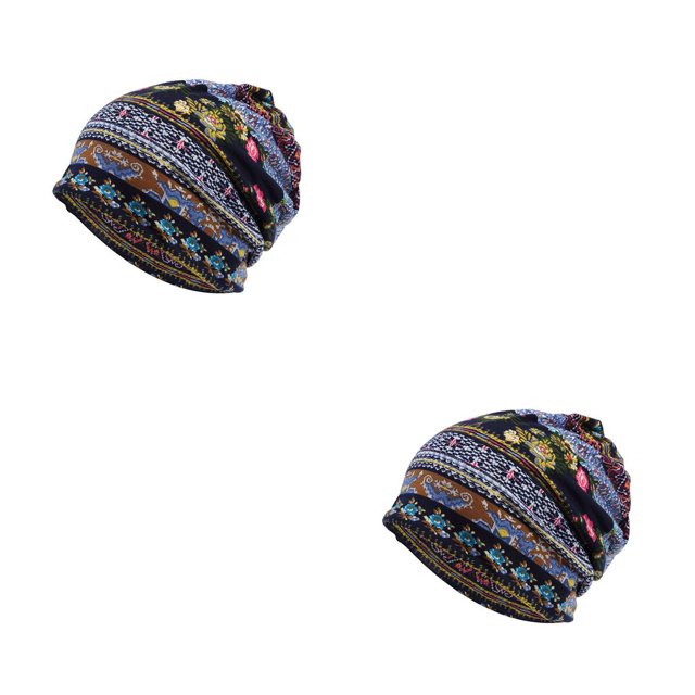 Transemion Bonnet Décontracté Musulman Hijab Imprimé Floral Turban Coloré Protection des Oreilles Ajustable Bonnet de Nuit Bleu Floral 2Set