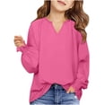 thumbnail image 1 of MeetoTime Girls Solid Color Loose Puff Sleeve Long Sleeve V-neck Top Spring Fall Kids Shirt 6-16 Years, 1 of 7