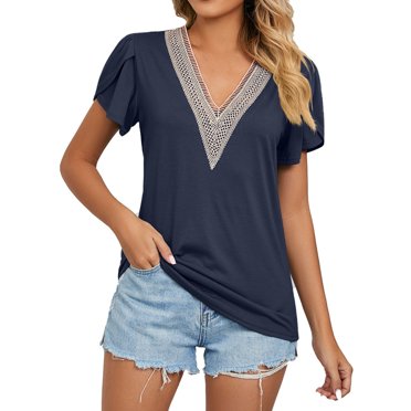 Haut à Col en V pour Femme en Dentelle à Coutures - Manches Courtes, Coupe Ample, Design Ajouré - T-Shirt Décontracté d'Été