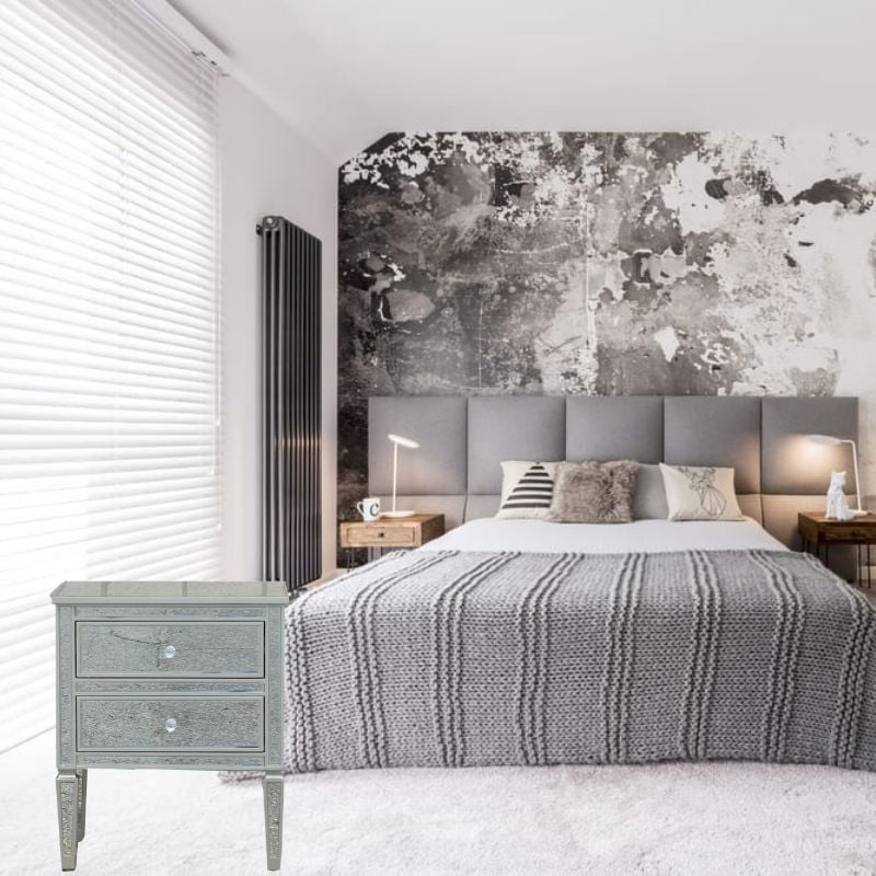 Wes Mirrored Nightstand, Mirrored Nightstand, Bedroom Nightstand, MDF Nightstand, Mirrored Bedside Table, Silver Nightstand, Two Drawer Nightstand, Living Room Side Table