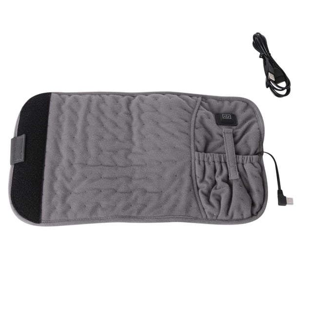 Electric heating pad for back pain relief with a contoured design and waist strap for targeted heat therapy. Features soft gray micro mink fabric, three heat settings, a two-hour auto-off function, and a detachable power cord. Suitable for moist heat therapy and machine washable for convenience.