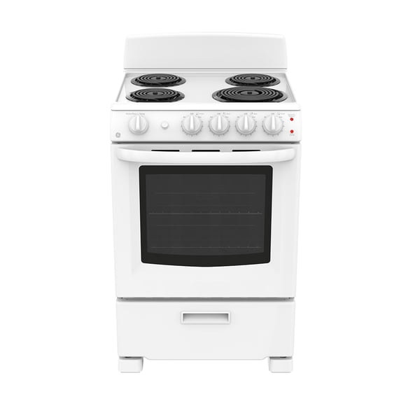 GE Cuisinière Électrique Autoportante à Bobines de 24 Pouces avec Tiroir de Rangement Blanche - JCAS300DMWW