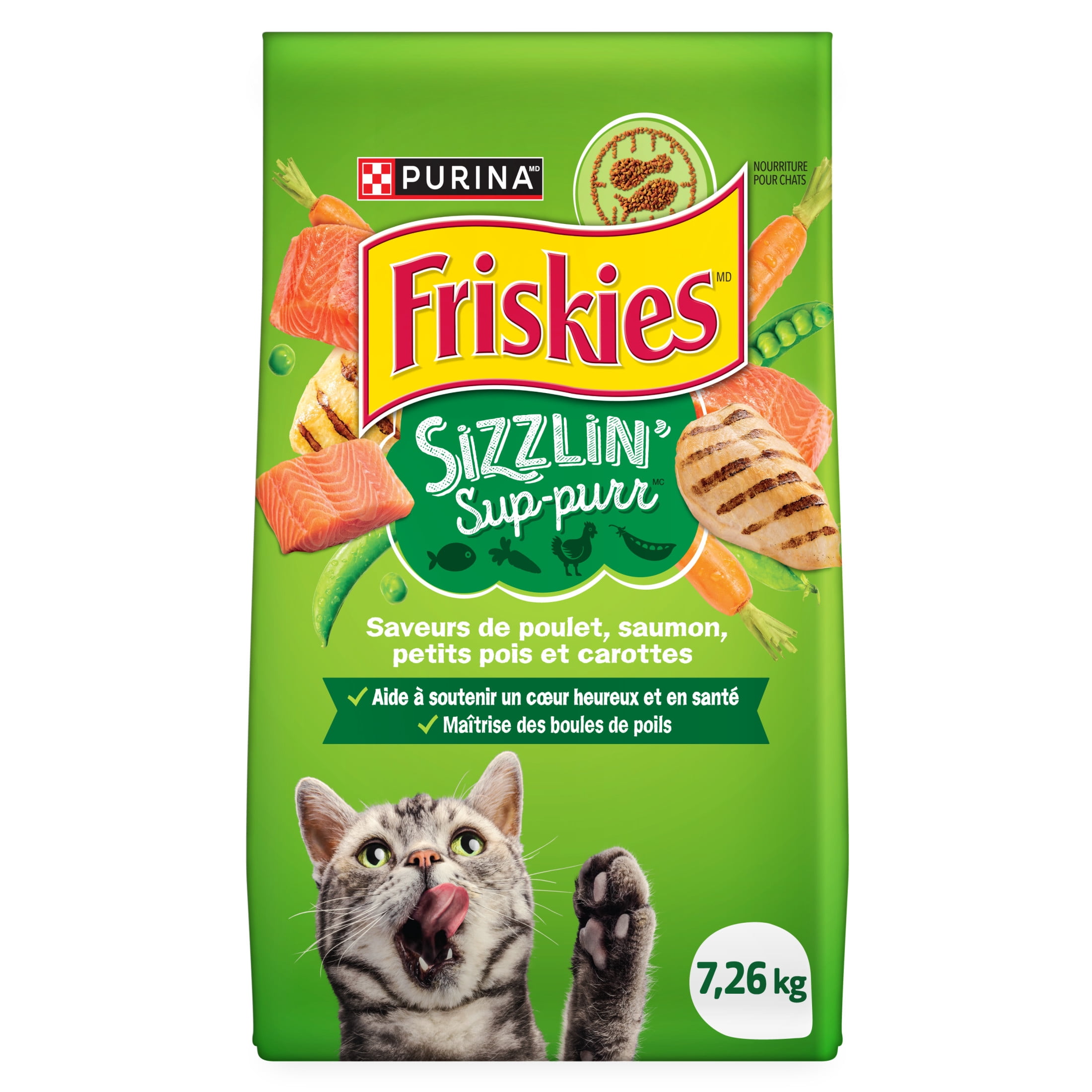 Purina Friskies Sizzlin' Sup-purr Saveurs de poulet, saumon, petits pois et carottes, Nourriture Sèche pour Chats, 7.26 kg