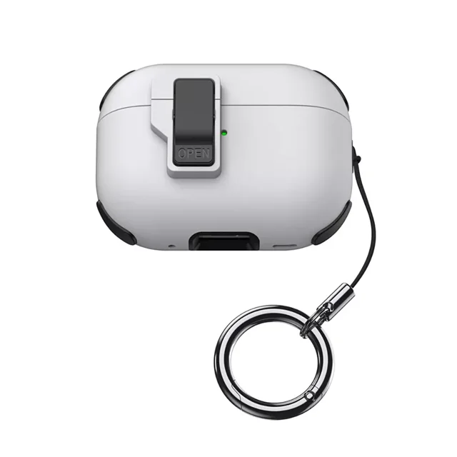 GadgetCom Replacement Case compatible with Apple AirPods Pro 1 and 2, featuring a durable TPU and PC protective cover in a sleek design. The case includes a pop-up secure lock for easy opening and closing, supports wireless charging without removal, and comes with a convenient strap for portability. Shown in a white finish with a black lock mechanism and a detachable metal ring strap.