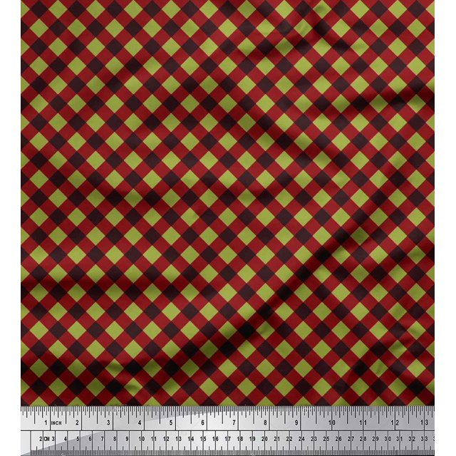 Soimoi Green Rayon Crepe Fabric Diagonal Check Print Fabric by Yard 46 Inch Wide